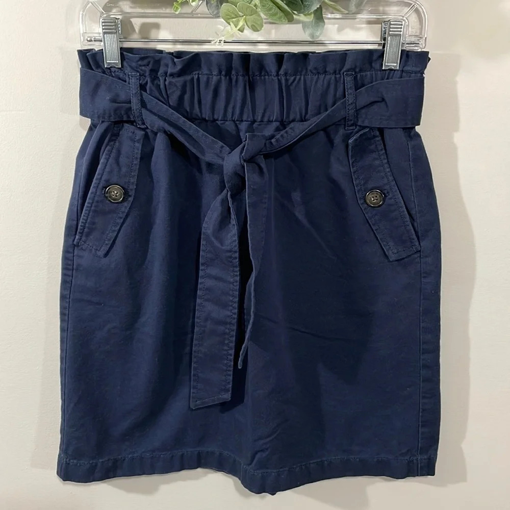 LOFT Petites Paper Bag Waist Skirt Navy Cotton Pockets Tie Belt 2P